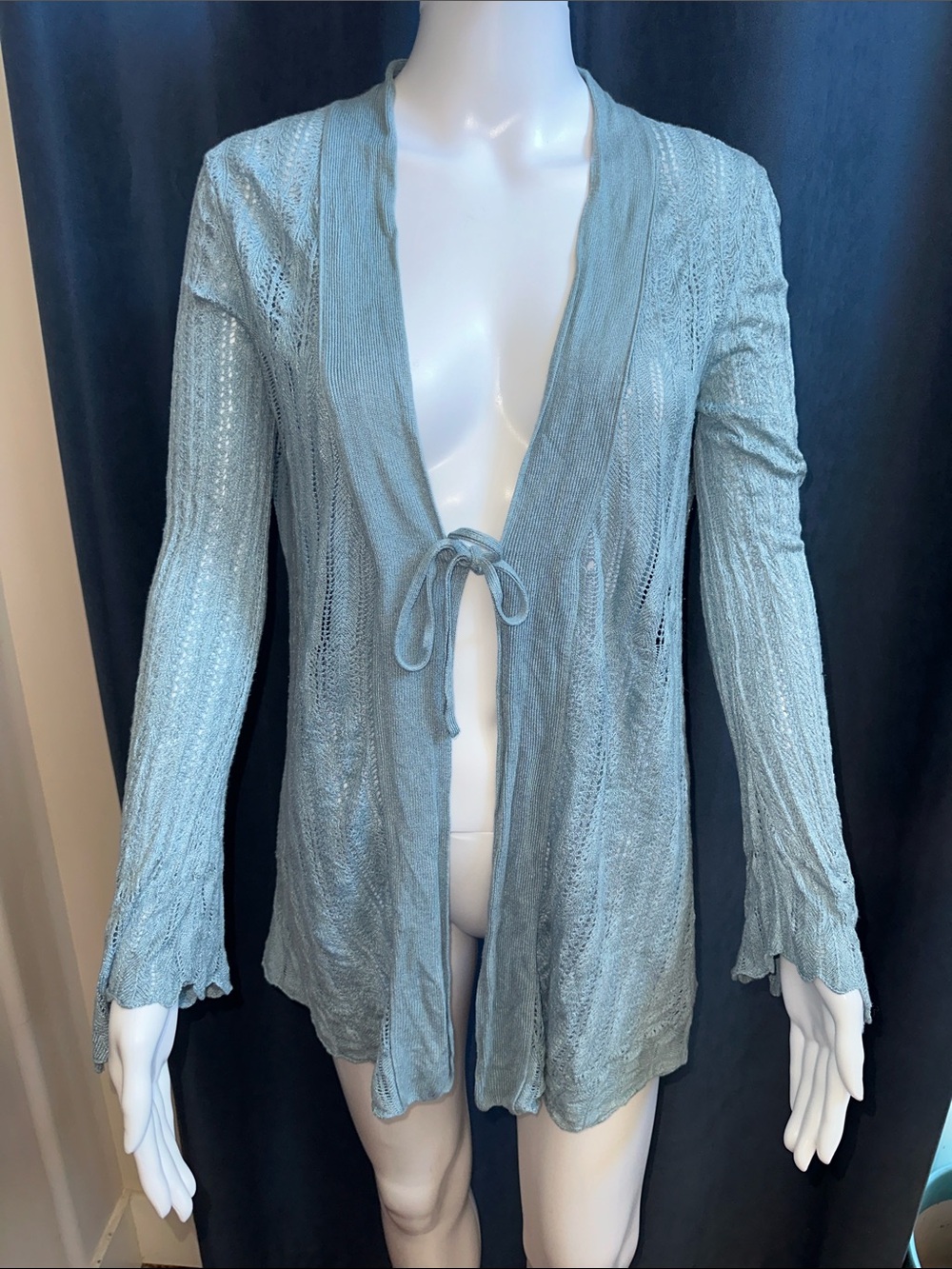 Vintage 2000s Cabi Pointelle Knit Tie Front Cardigan Blue Bell Sleeve Y2K M